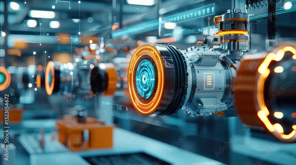 A virtual lab with an advanced motor system surrounded by holograms showing magnetic fields. Cool tones highlight precision engineering and forward-thinking design. A virtual lab with an advanced motor system surrounded by holograms showing magnetic fields. Cool tones highlight precision engineering and forward-thinking design.