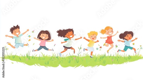 children jumping Boys and girls are playing together happily. Kids Play at the grass. Children Holding hands and jumping , Running a meadow. The concept is fun and vibrant moments of childhood