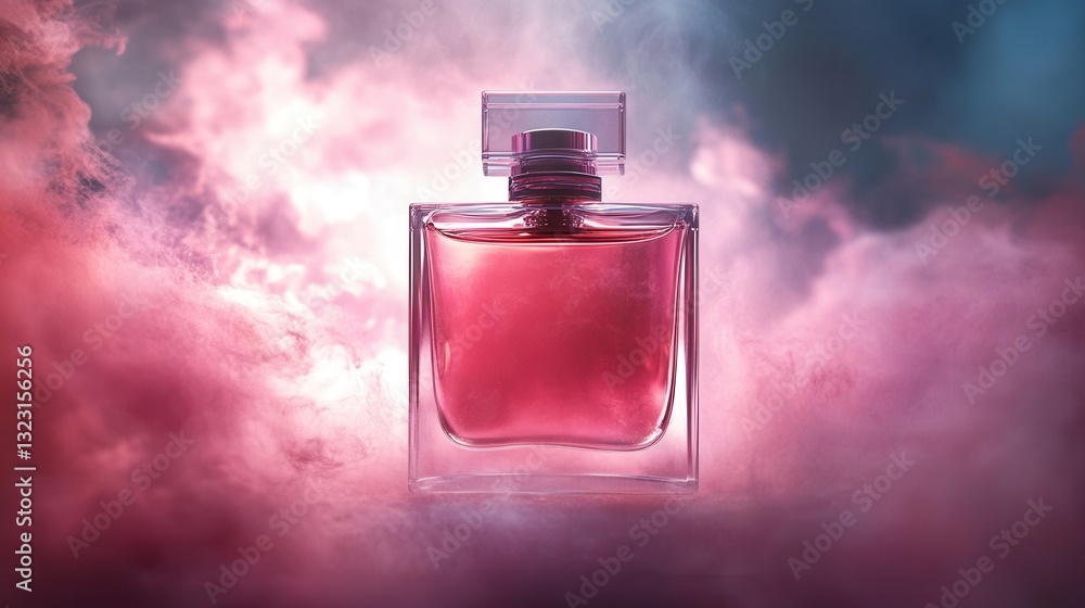 Elegant perfume bottle surrounded by colorful mist creating a dreamy atmosphere of luxury and beauty Elegant perfume bottle surrounded by colorful mist creating a dreamy atmosphere of luxury and beauty