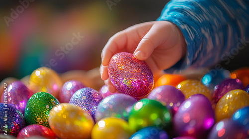 Colorful glitter Easter eggs, A child’s hand picking up a vibrant glittery Easter egg from a pile of multicolored eggs.