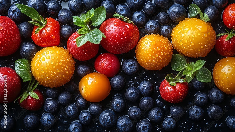Vibrant healthy food background featuring a colorful array of fresh fruits, crisp vegetables, and organic ingredients artfully arranged to evoke a modern, natural, and wellness-inspired vibe