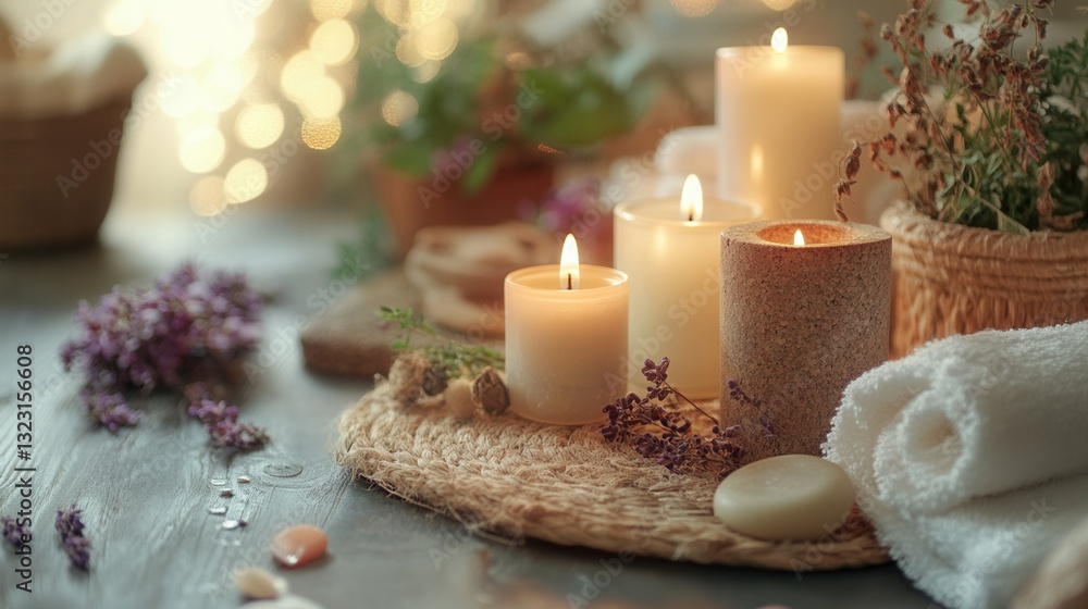 Tranquil Candlelit Spa Scene with Natural Decor and Soft Textures for Relaxation and Wellness Tranquil Candlelit Spa Scene with Natural Decor and Soft Textures for Relaxation and Wellness