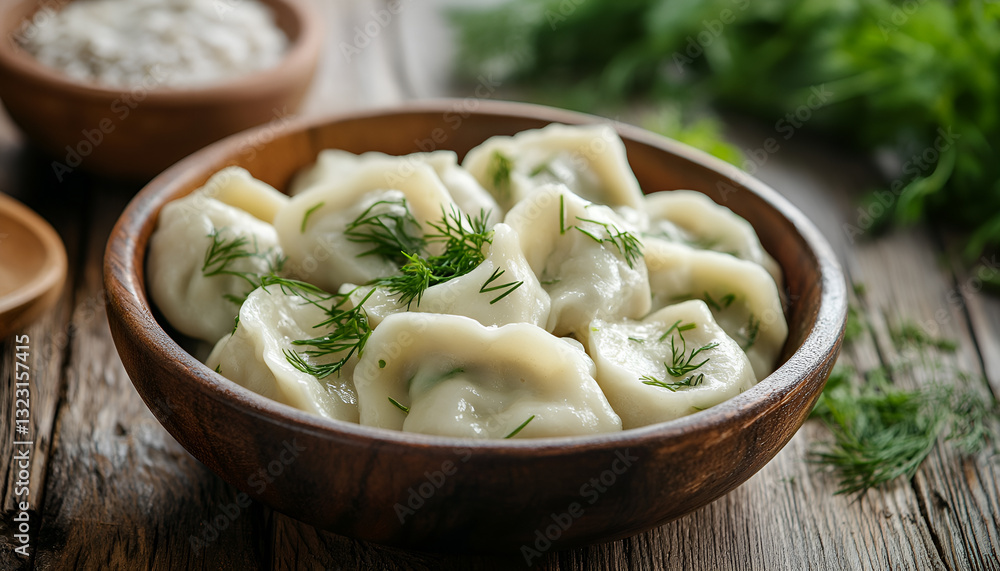 Delicious dumplings with dill served on a wooden table, closed Delicious dumplings with dill served on a wooden table, closed
