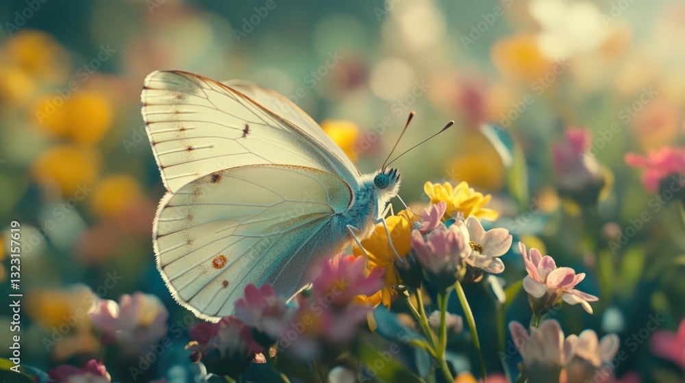 Naklejka premium A beautiful white butterfly rests on delicate colorful flowers