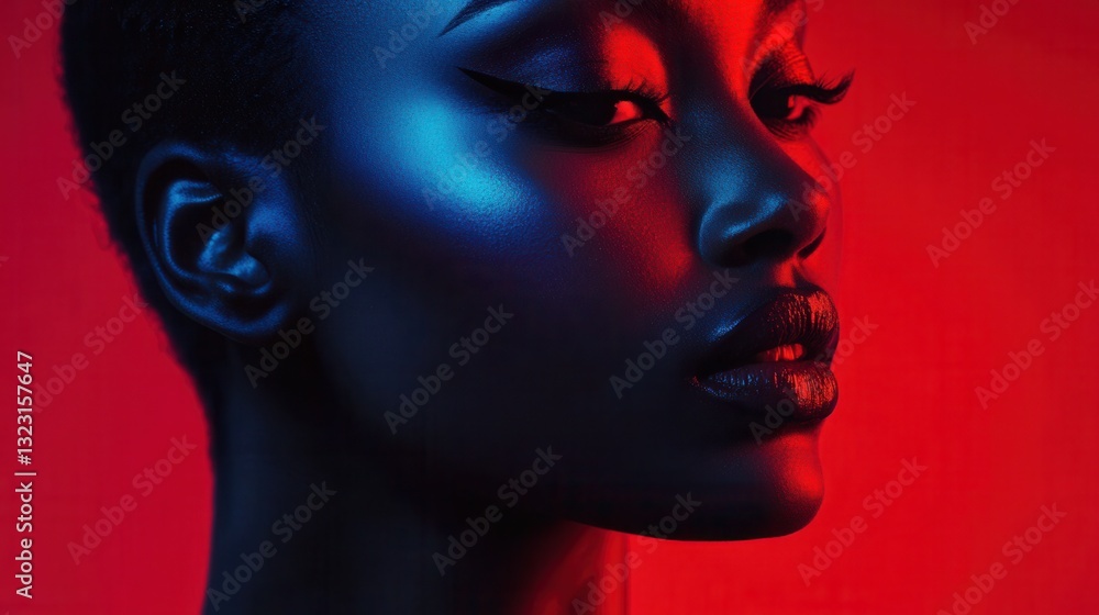 Captivating Close-Up of a Dark-Skinned Woman with Bold Makeup and Dramatic Lighting in Red and Blue Tones Captivating Close-Up of a Dark-Skinned Woman with Bold Makeup and Dramatic Lighting in Red and Blue Tones
