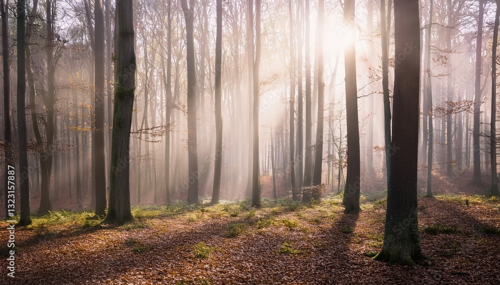 Fototapeta premium dense forest in autumn with colored leaves and sun shining through fog