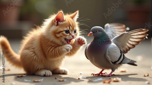 A playful orange kitten interacting with a pigeon.