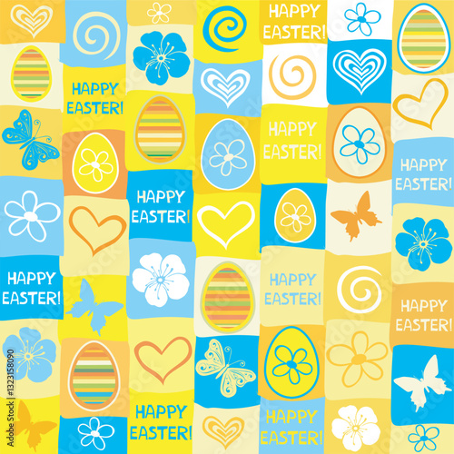 Seamless easter background. Seamless Easter pattern with butterfly, eggs and  flowers. Vector Illustration 
