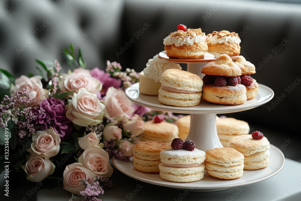 Elegant Dessert Display: Tiered stand showcases scones with berries and whipped cream complemented by a floral arrangement for a sophisticated presentation Elegant Dessert Display: Tiered stand showcases scones with berries and whipped cream complemented by a floral arrangement for a sophisticated presentation