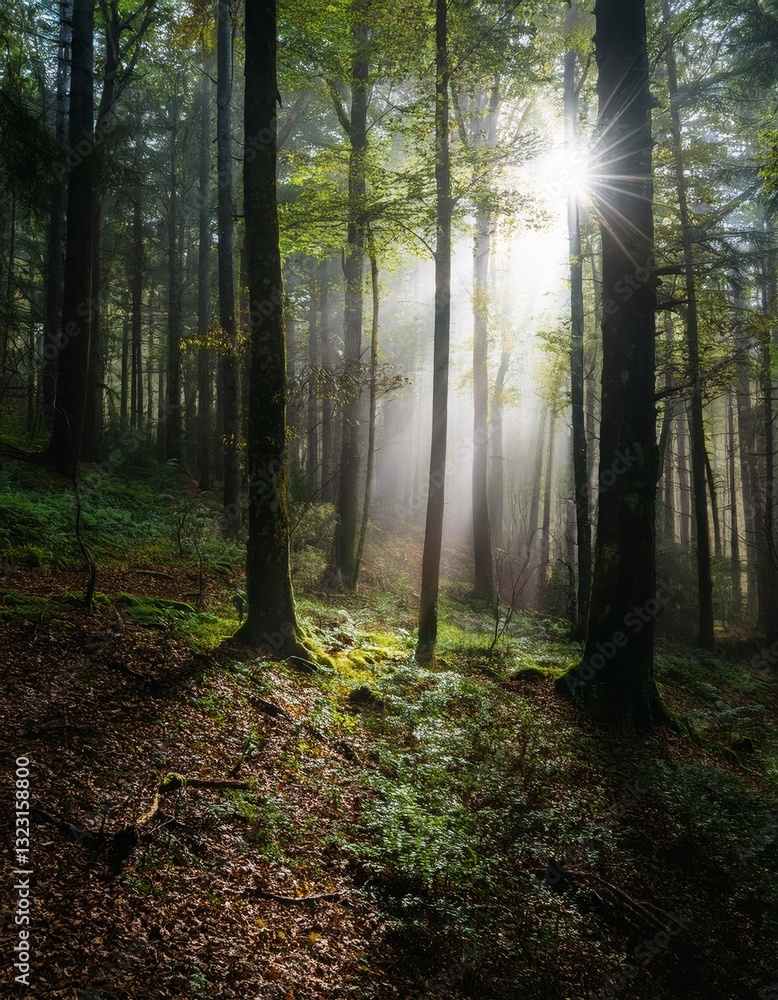 Obraz premium dense forest in autumn with colored leaves and sun shining through fog