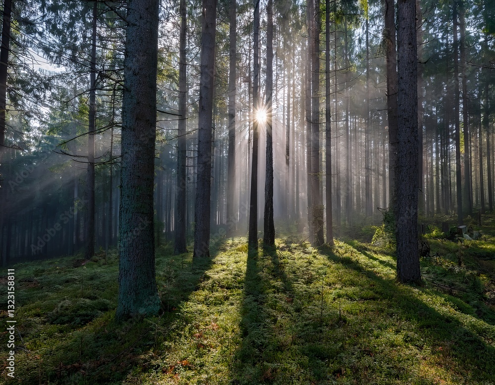 Obraz premium dense forest in autumn with colored leaves and sun shining through fog