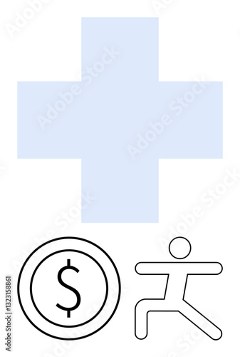 Blue medical cross, dollar coin, and human figure convey healthcare, financial balance, and physical wellness. Ideal for health, finance, self-care personal growth insurance fitness charity. Flat