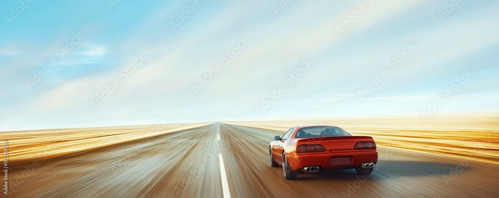 A red automobile is traveling down an open and empty road A red automobile is traveling down an open and empty road