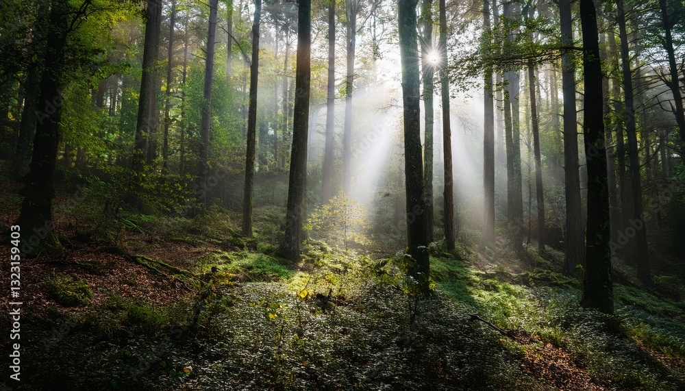 Fototapeta premium dense forest in autumn with colored leaves and sun shining through fog