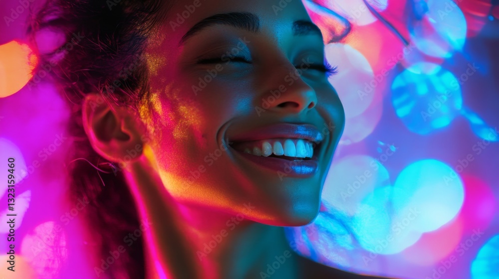 Radiant Woman Smiling with Illuminating Colors in Background Radiant Woman Smiling with Illuminating Colors in Background