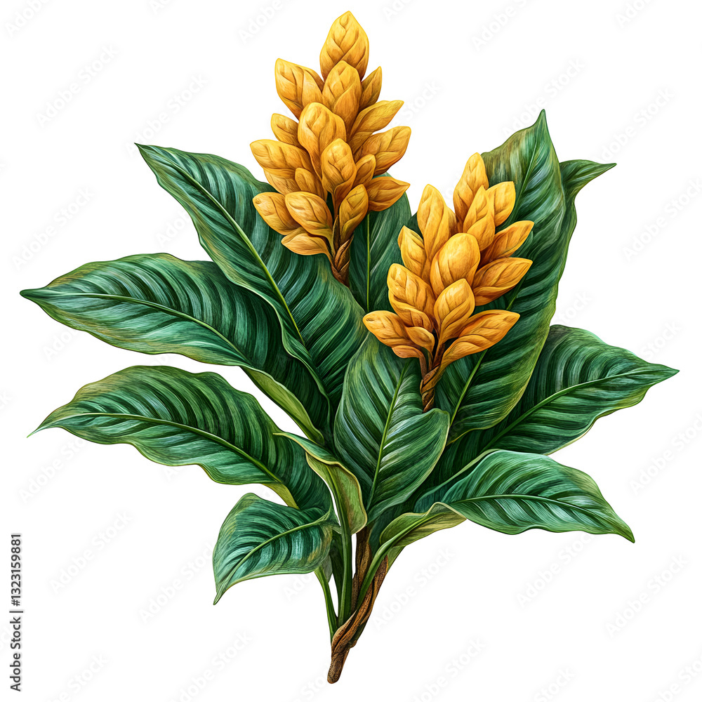 Obraz premium Tropical Golden Flowers and Lush Green Leaves Plant on White Background ,Png 
