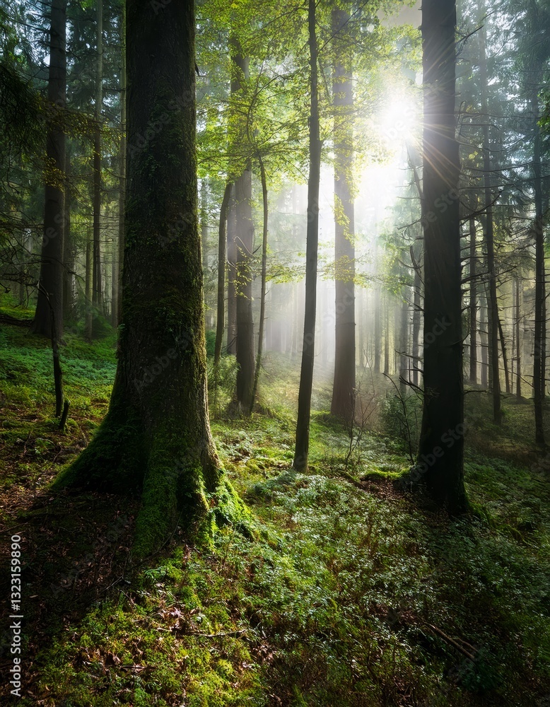 Obraz premium dense forest in autumn with colored leaves and sun shining through fog
