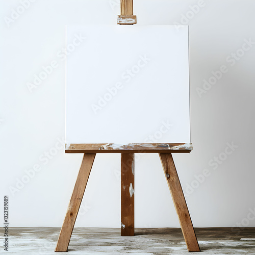 A simple canvas on a wooden easel, displaying a blank surface, set against a white background