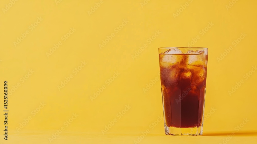 A rich and bold iced coffee in a clear glass, set against a vibrant yellow background for a bright and energetic look A rich and bold iced coffee in a clear glass, set against a vibrant yellow background for a bright and energetic look