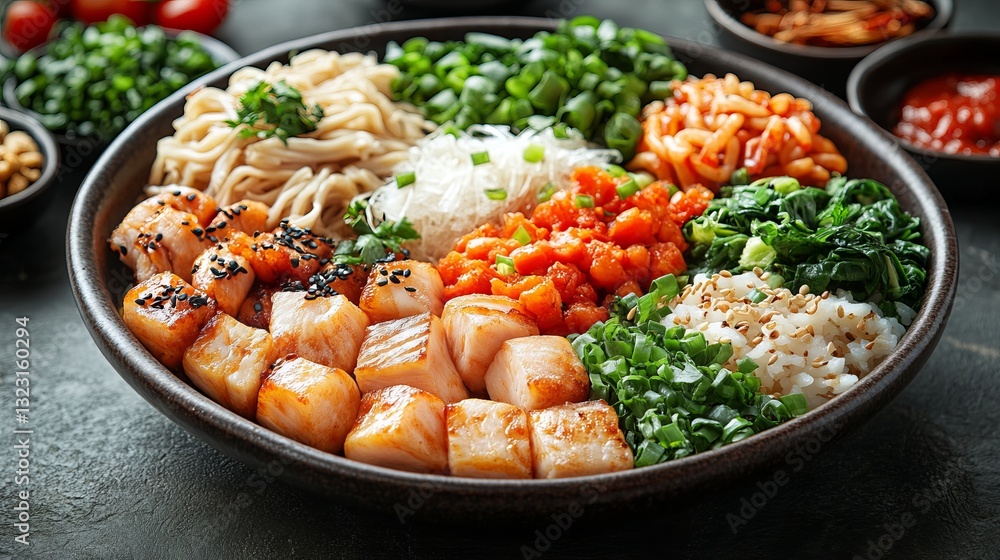 Top view composition of assorted asian food in bowl – vibrant medley of noodles, dumplings, sushi, and fresh ingredients artfully arranged for an authentic culinary showcase