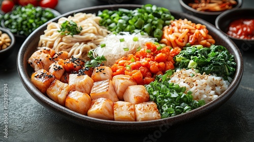 Obraz na płótnie Top view composition of assorted asian food in bowl – vibrant medley of noodles, dumplings, sushi, and fresh ingredients artfully arranged for an authentic culinary showcase w salonie