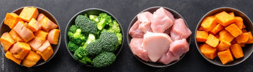 Natural raw dog food preparation with freshly cut turkey, broccoli, and sweet potatoes Natural raw dog food preparation with freshly cut turkey, broccoli, and sweet potatoes