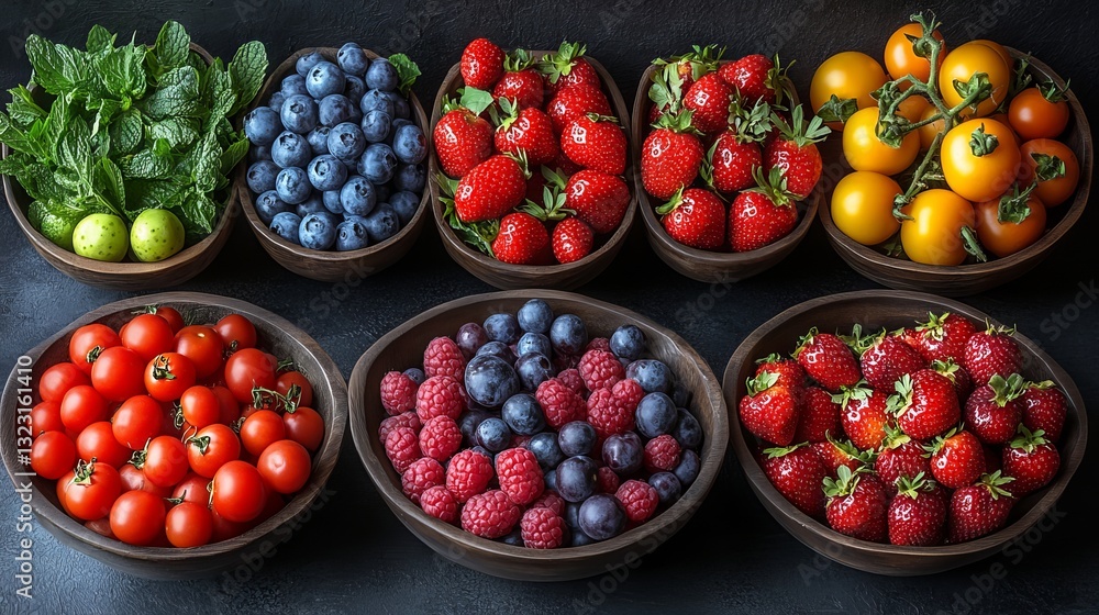 Vibrant healthy food background featuring a colorful array of fresh fruits, crisp vegetables, and organic ingredients artfully arranged to evoke a modern, natural, and wellness-inspired vibe