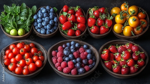 Obraz na płótnie Vibrant healthy food background featuring a colorful array of fresh fruits, crisp vegetables, and organic ingredients artfully arranged to evoke a modern, natural, and wellness-inspired vibe w salonie