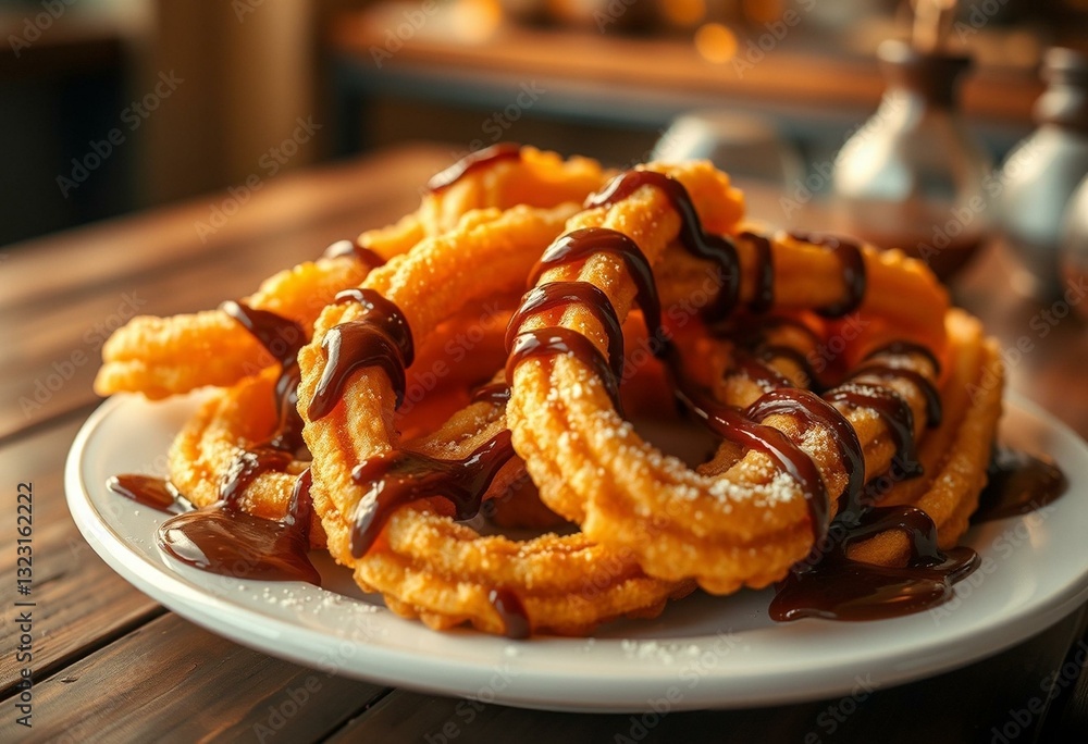Golden-brown churros, drizzled with chocolate and caramel Golden-brown churros, drizzled with chocolate and caramel