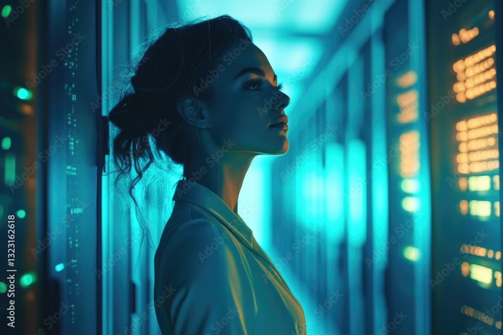 Obraz premium A woman stands in profile, gazing at a server room bathed in teal light, embodying technological prowess and mystery.