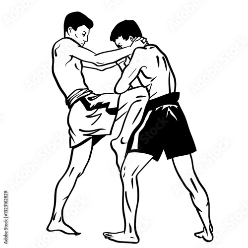 Dynamic black silhouette of a Muay Thai fighter executing a powerful knee strike.