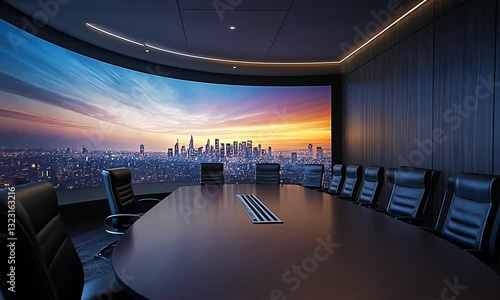 A modern conference room featuring a large round table surrounded by black chairs, with a panoramic view of a city skyline at sunset displayed on a curved screen.