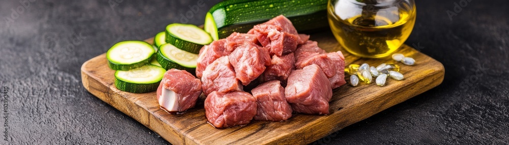 DIY dog meal prep with fresh lamb, zucchini, and omega-rich fish oil on a wooden board DIY dog meal prep with fresh lamb, zucchini, and omega-rich fish oil on a wooden board