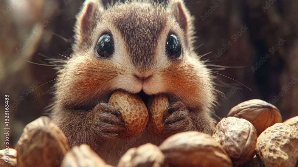 Obraz premium A cute chipmunk is holding nuts with curious and adorable expressions