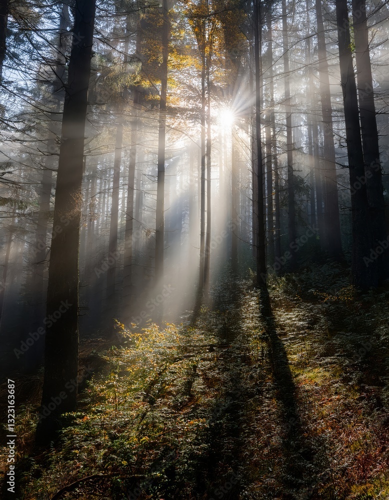 Obraz premium dense forest in autumn with colored leaves and sun shining through fog