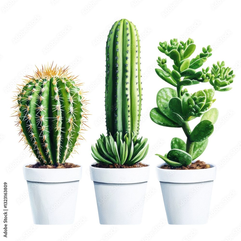 Trio of cactus plants displaying unique shapes and textures perfect for outdoor or indoor desert-themed decor isolated white background