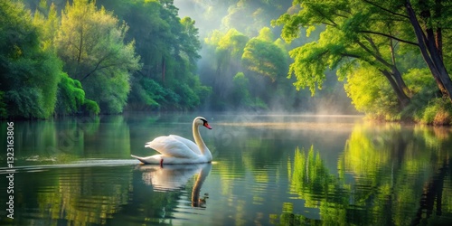 Fototapeta Naklejka Na Ścianę i Meble -  Serene water scene with a majestic swan gliding effortlessly across the surface of a calm lake surrounded by lush greenery and towering trees, water, landscape
