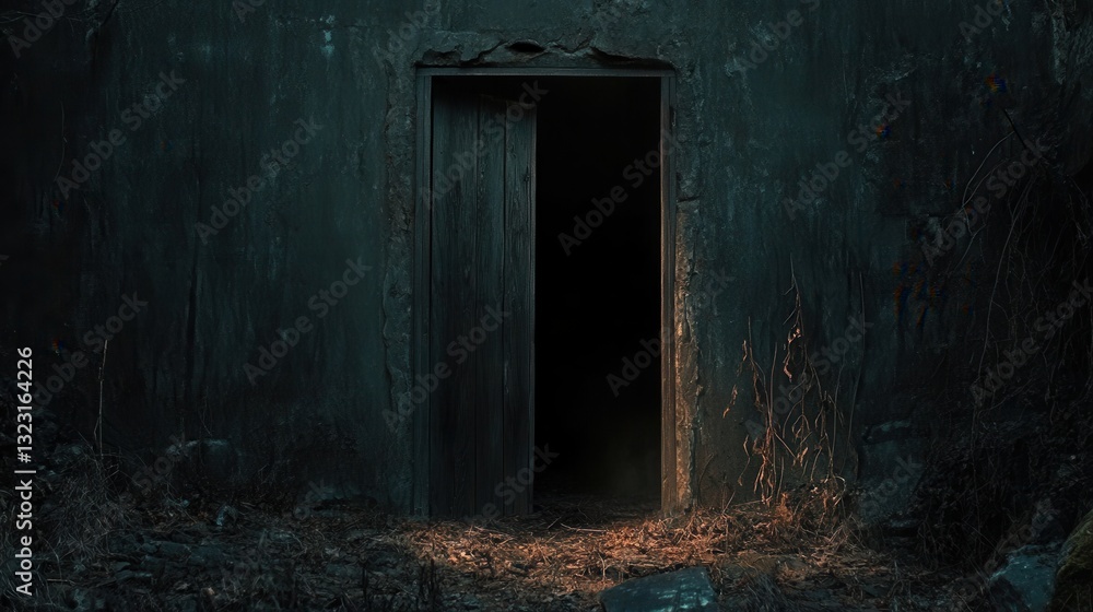 Mysterious Dark Doorway with Dim Light and Wild Grass in Abandoned Structure at Night Mysterious Dark Doorway with Dim Light and Wild Grass in Abandoned Structure at Night