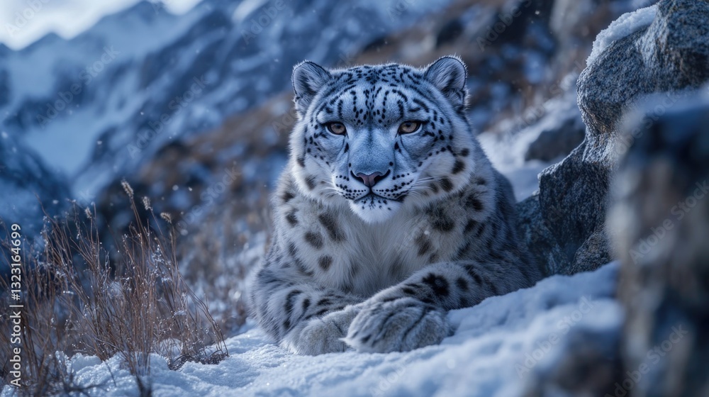 Obraz premium A magnificent snow leopard rests amidst snow covered mountainous terrain