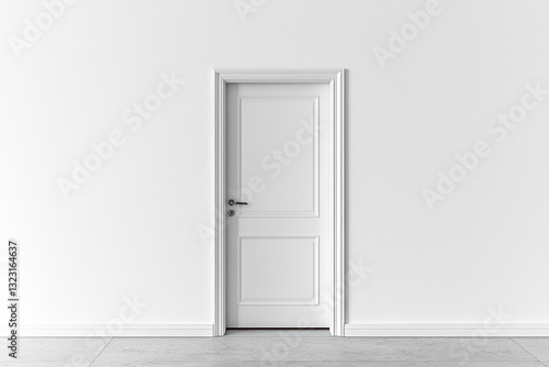 Modern home entrance, minimalist white door on white wall.