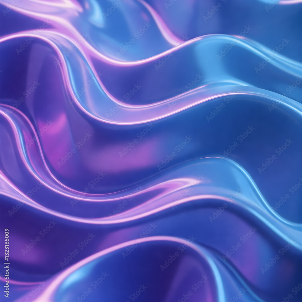 Naklejka premium Futuristic liquid texture with iridescent blue and purple reflections. Abstract waves create a mesmerizing, fluid-like pattern, perfect for backgrounds, design elements, or digital art concepts.