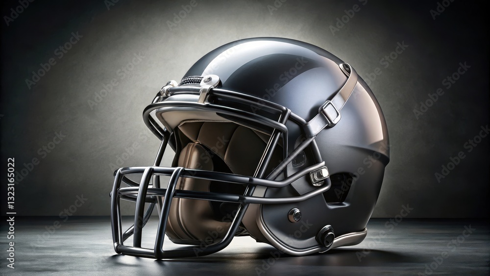 Fototapeta premium Isolated American Football Helmet with a glossy finish sitting atop a dark grey background, surrounded by sharp edges and clean lines, sports gear, sports equipment