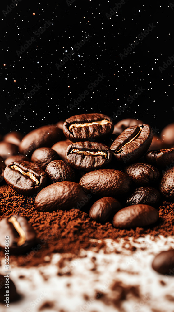 Rich coffee beans and ground coffee under starry background, showcasing bold and aromatic coffee flavors. Rich coffee beans and ground coffee under starry background, showcasing bold and aromatic coffee flavors.