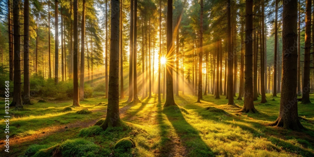 Obraz premium Warm golden light filters through trees in dense forest as sun rises above treetops, casting dappled shadows on forest floor