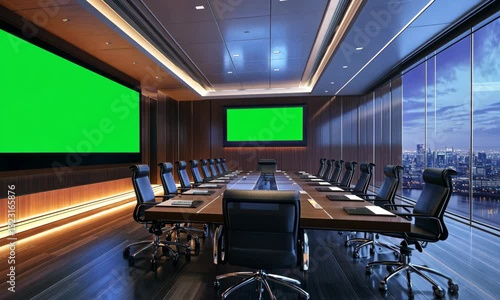 A modern conference room featuring a large table surrounded by chairs, with two green screens on the walls and a panoramic view of a city skyline outside.