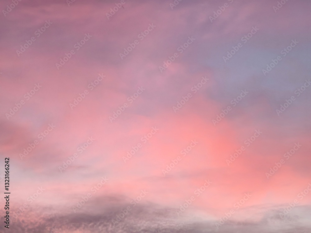 Fototapeta premium The evening sky is blue with multi-colored clouds, white, grey, pink, purple, golden yellow, orange, and vanilla.
