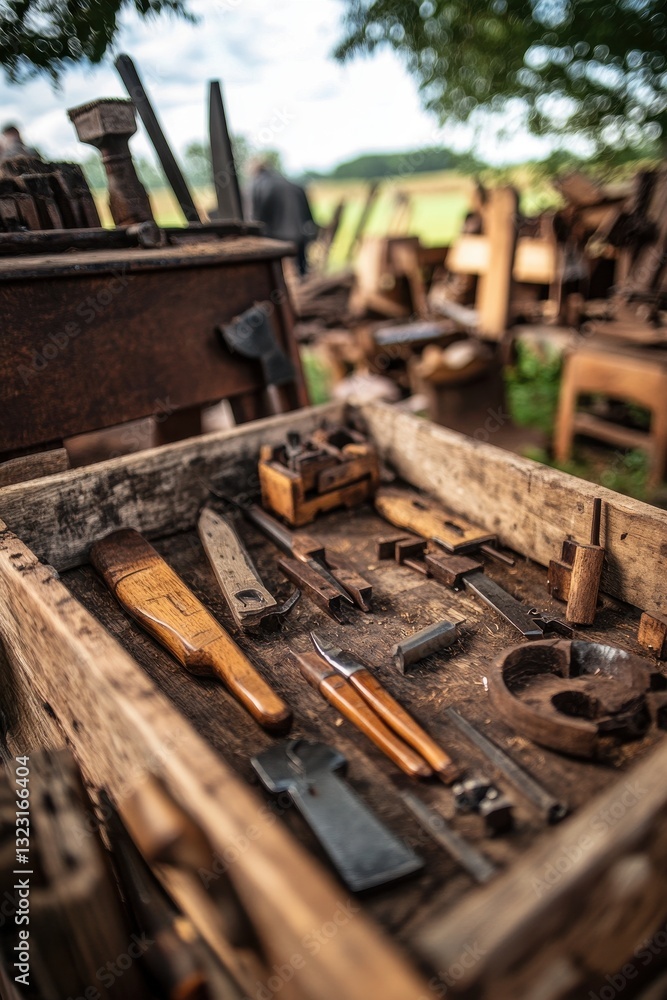 Trade workshop scene showcasing various tools and equipment scattered across a vibrant outdoor field. Trade workshop scene showcasing various tools and equipment scattered across a vibrant outdoor field.