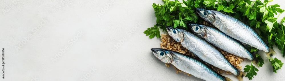 Fresh sardines, parsley, and brown rice dog meal for an omega-3-rich diet, beautifully arranged Fresh sardines, parsley, and brown rice dog meal for an omega-3-rich diet, beautifully arranged