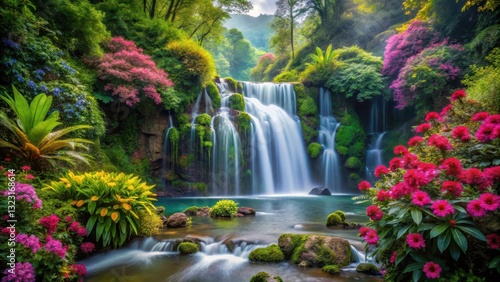 Waterfall in dense forest amidst vibrant flowers and foliage, environmental, picturesque,  environmental, picturesque
