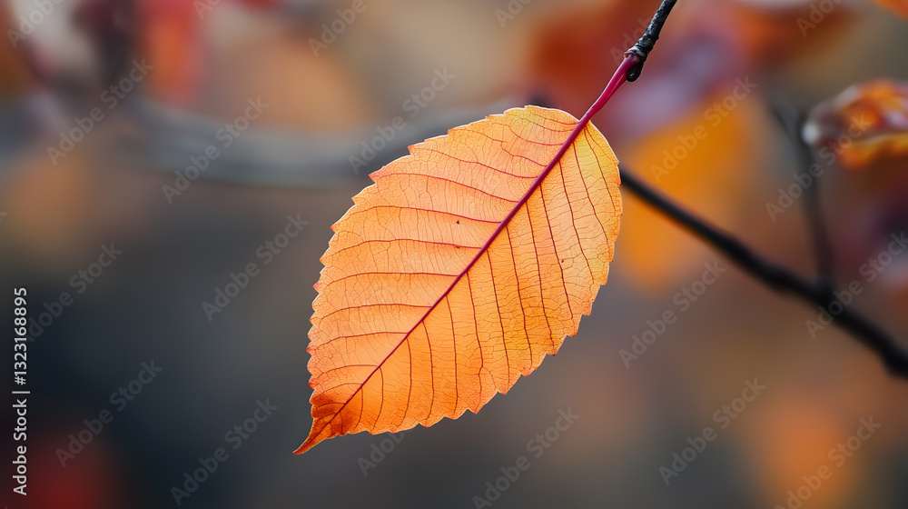 Obraz premium Close-up of a single leaf in autumn: A scenic view of veins in warm tones. 